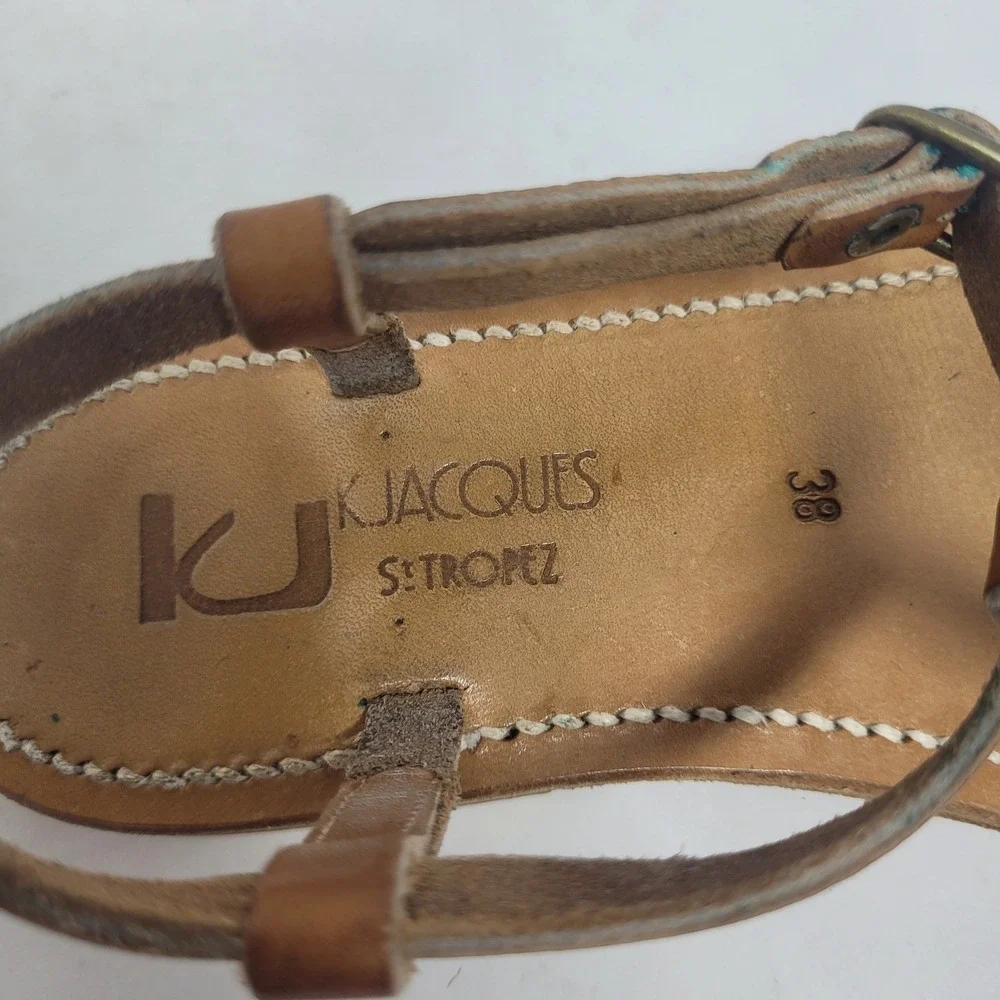 K.Jacques Sandals EU38 US6.5 Brown Leather T-Strap Gladiator Flat Resort France